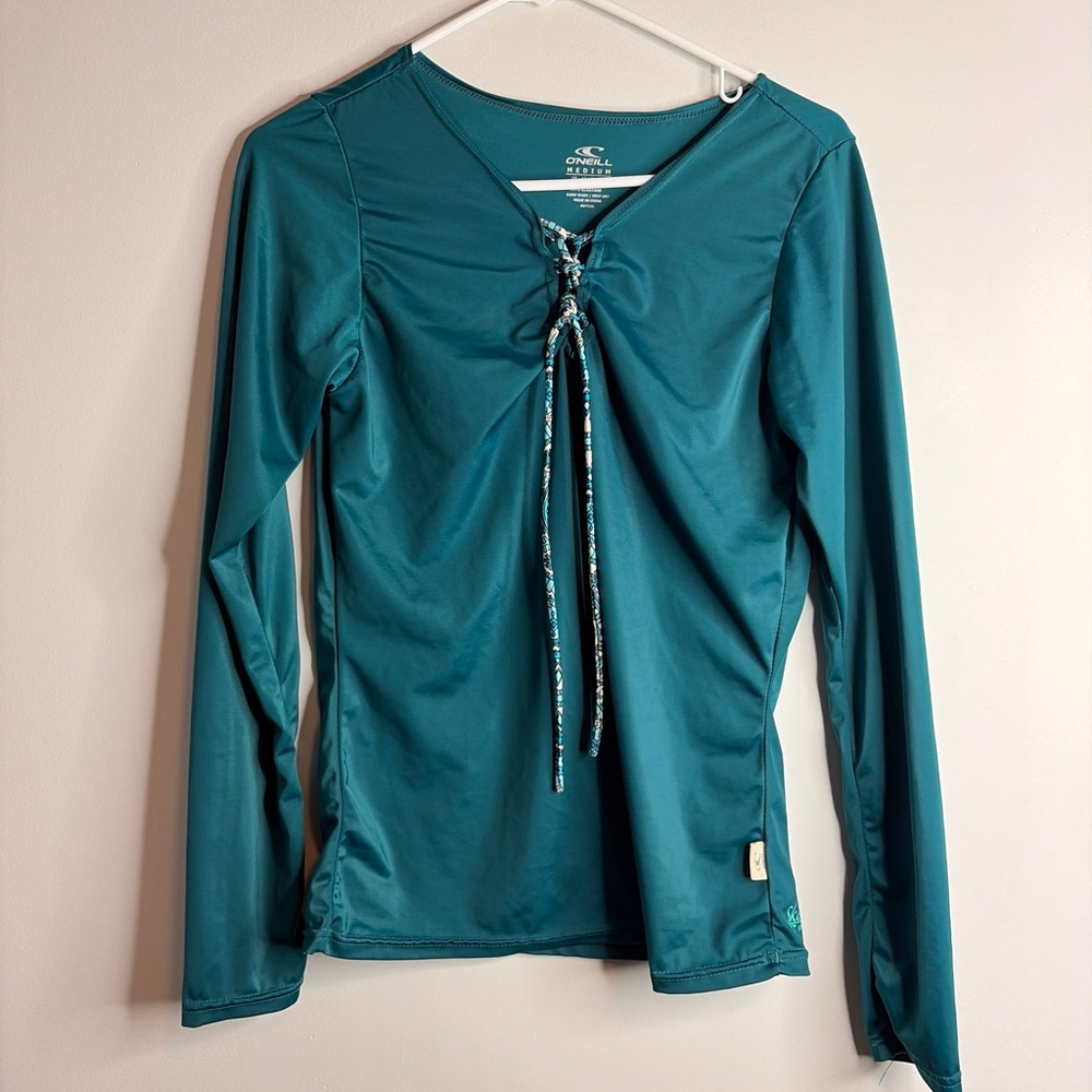 O'Neill UPF 50+ Skins Teal Long-Sleeve Lace-Up Rash Guard Top Womens Medium